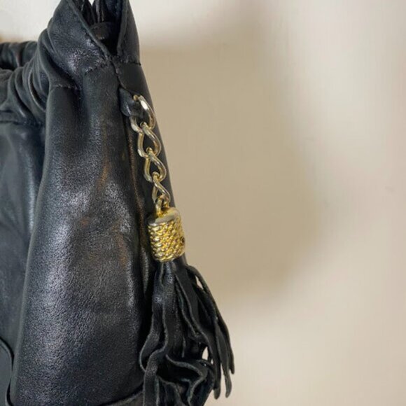 Gold Chain Tassel Women's Black Faux Leather Drawstring Crossbody Bag Small - Picture 6 of 7